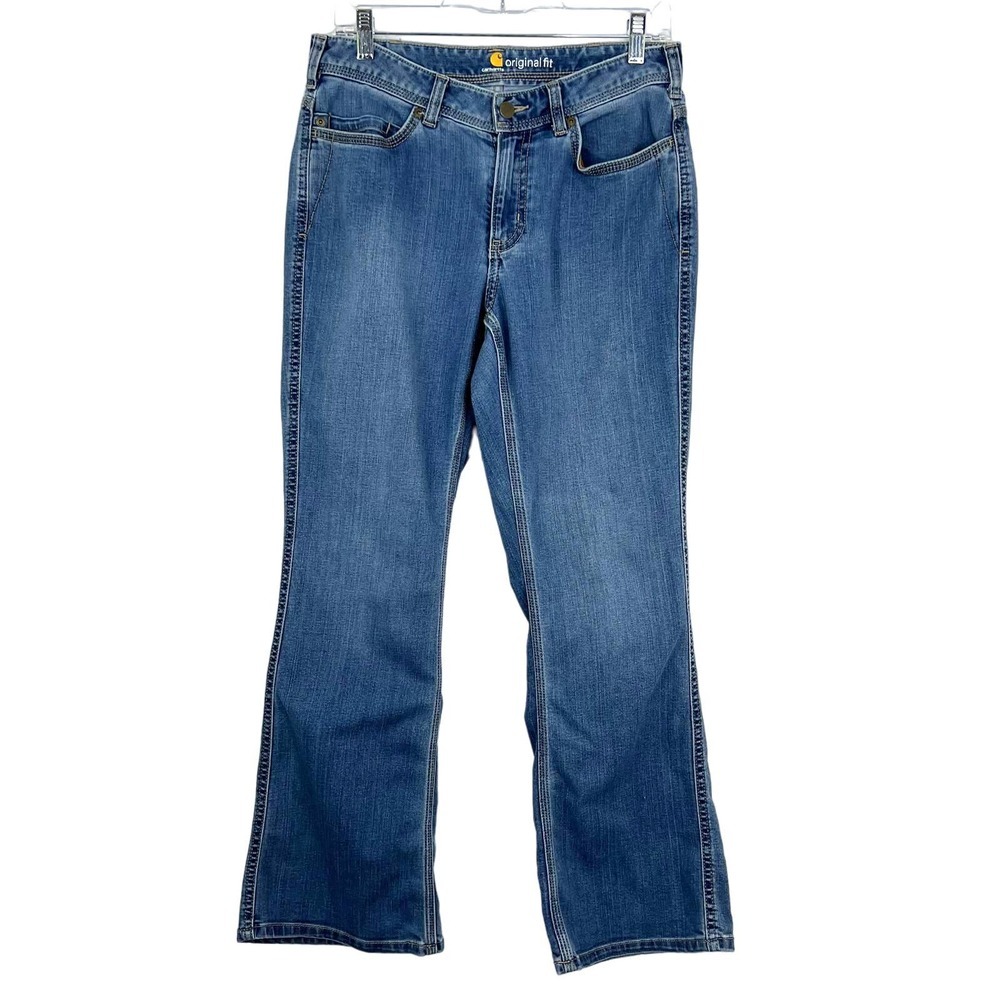 Carhartt Women's Blue Medium Denim Wash Wide Leg Jeans Original Fit Size 8 Short